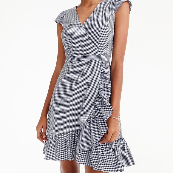 J. Crew Dresses & Skirts - J. Crew Blue White Gingham Faux Wrap Ruffle Dress Size 6